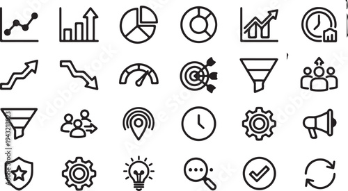 Collection of black and white line icons representing business and data