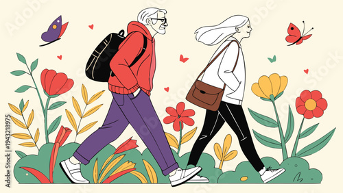 Vector illustration of elderly couple walking together through a colorful garden with butterflies
