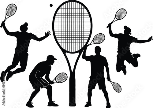 Dynamic tennis silhouette illustration featuring five players in action poses with oversized central racket and ball, symbolizing sport energy, competition, teamwork, athletic performance, and recreat