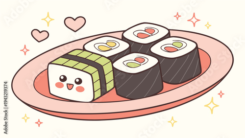 Vector illustration of cute kawaii sushi character platter with smiling faces and hearts illustration