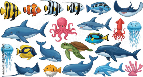 Marine animals collection fish shark dolphin whale octopus jellyfish turtle stingray cartoon ocean wildlife flat vector illustration set