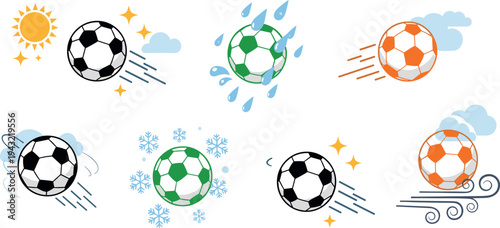 Soccer balls with weather effects collection sun rain snow wind motion football vector illustration set