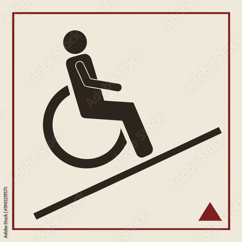 Vector illustration of disability accessibility icon with wheelchair user ascending ramp for mobility and incl