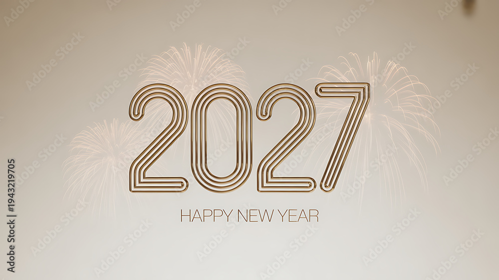 Obraz premium Elegant golden numbers signify the welcoming of the year 2027 with soft background fireworks display