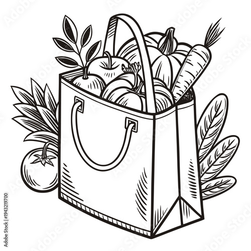 Vector illustration of reusable grocery bag filled with fresh vegetables and fruit line art
