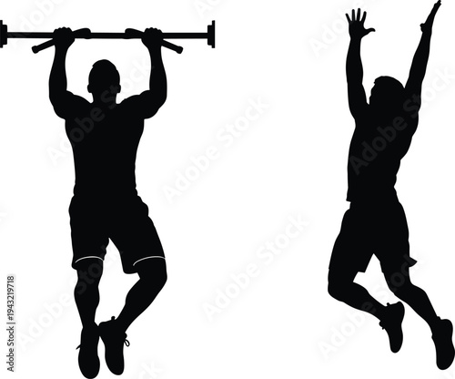 Fitness man silhouette vector set performing pull ups on horizontal bar and jumping in the air isolated on white background for workout and exercise