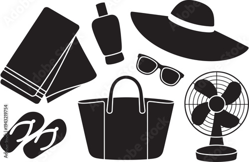 Summer vacation essentials silhouette isolated on transparent background