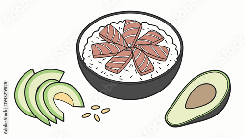 Vector illustration of japanese salmon poke bowl with sliced avocado and sesame seeds food illustration