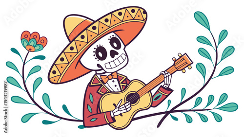 Vector illustration of mexican day of the dead skeleton wearing sombrero and playing guitar illustration