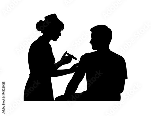 Black silhouette vector illustration of a female nurse administering an injection or vaccine to a male patient, representing healthcare, immunization, and medical procedures.