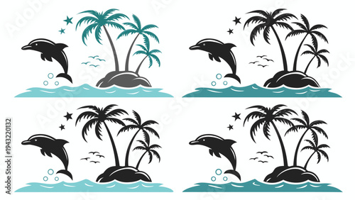 Vector illustration of stylized dolphin jumping over ocean waves near tropical palm tree island silhouette set