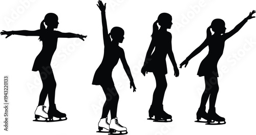 Young girl figure skater silhouettes performing ice skating moves winter sport activity cad drawing flat vector illustration athlete training set.