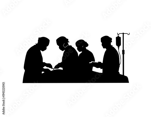 Medical surgical team silhouette vector illustration with doctors and nurses performing an operation, ideal for healthcare, hospital, and emergency services design projects