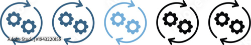 Gear icon set with circular arrows in different colors and styles