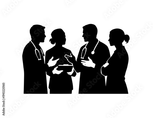 Medical team silhouette vector illustration featuring four healthcare professionals in discussion, ideal for hospital, clinic, and medical service branding.