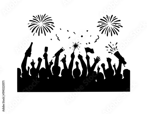 Celebration crowd silhouette vector illustration with fireworks, confetti, and people holding bottles, sparklers, and party poppers, perfect for New Year's Eve, events, and festive designs.