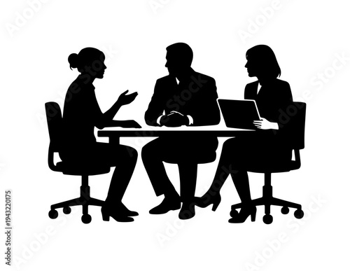 Business meeting silhouette vector illustration featuring three professional individuals discussing around a table, ideal for corporate presentations and team collaboration concepts.