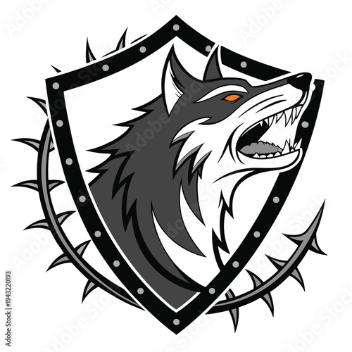 Vector illustration of aggressive wolf mascot logo inside shield with thorns for security and team emblem