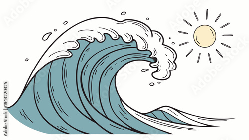 Vector illustration of powerful ocean wave curling with sun illustration for surfing and coastline designs