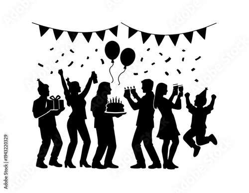 Black silhouette vector illustration of a lively birthday party celebration with people holding cake, gifts, balloons, and drinks under festive banners and confetti