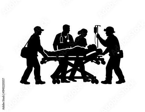 Emergency medical team silhouette vector illustration depicting paramedics and doctors transporting an injured patient on a stretcher with an IV drip