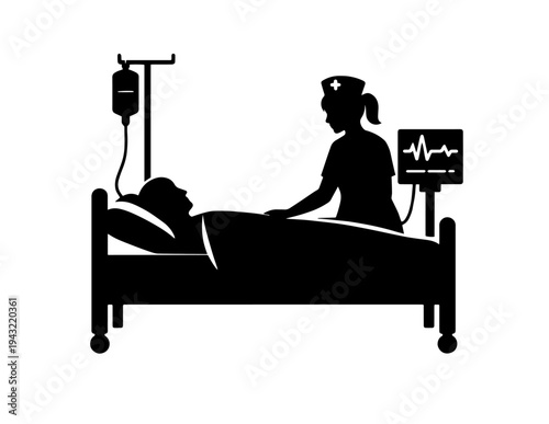 Medical Care Patient and Nurse Silhouette Vector Illustration for Healthcare, Hospital, and Emergency Services Design