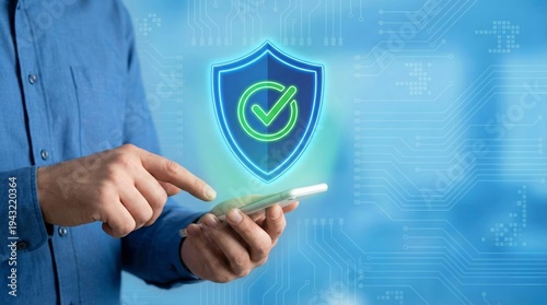 Professional man using smartphone for secure digital mobile payment checkout and token based transaction with encrypted billfold identity verification concept