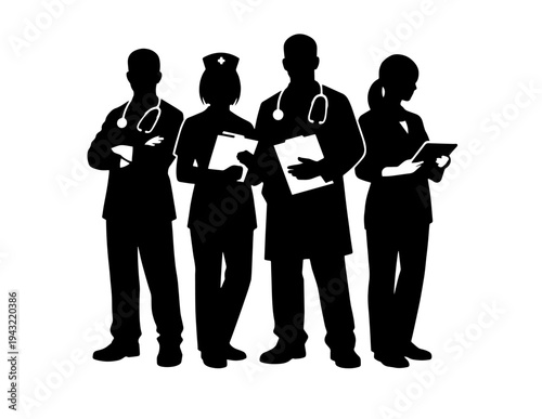 Medical Team Silhouette Vector Illustration: Group of Doctors and Nurses in Uniform, Healthcare Professionals Standing Together, Ideal for Hospital, Clinic, or Health-Related Design Projects