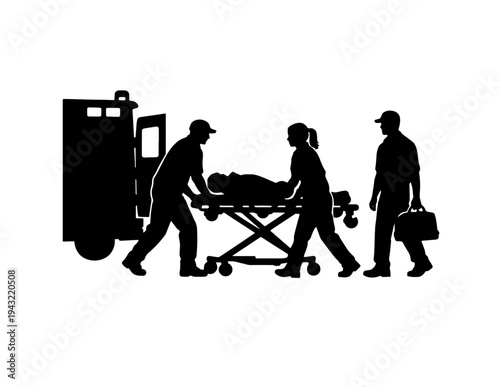 Medical emergency team silhouette vector illustration showing paramedics moving a patient on a stretcher towards an ambulance, depicting urgent healthcare and rescue services.