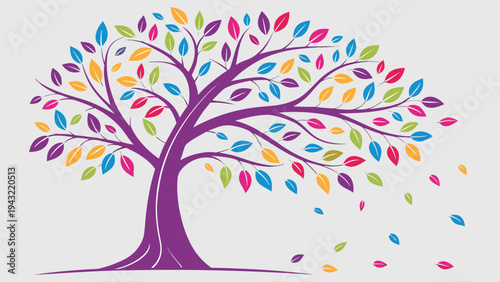 Vector illustration of modern tree illustration with vibrant multi colored falling leaves graphic