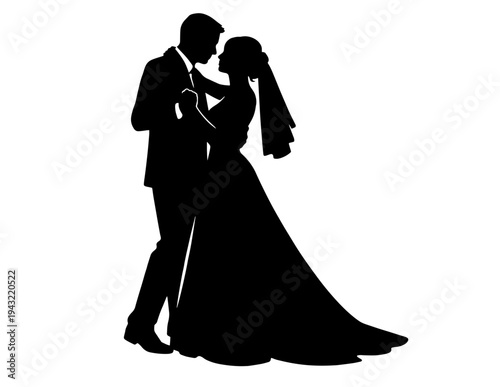 Elegant black silhouette vector of a dancing bride and groom, perfect for wedding invitations, romantic designs, and celebratory event graphics.