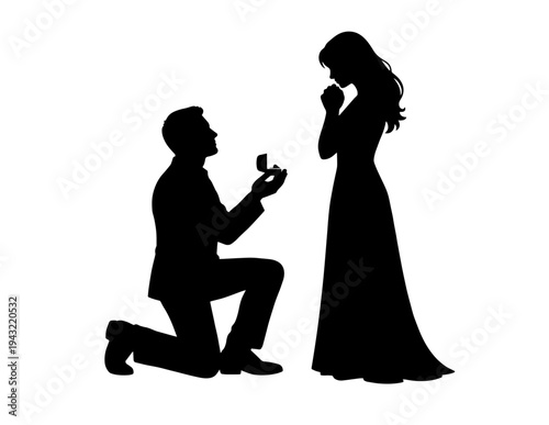 Romantic marriage proposal silhouette vector illustration of a man kneeling with an engagement ring and a surprised woman, perfect for wedding invitations and relationship concepts.