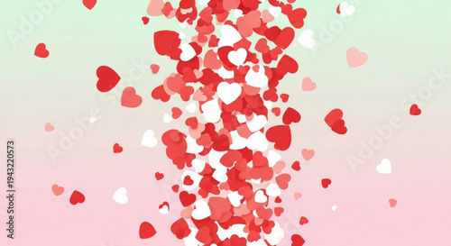 Red and white hearts floating upwards on pastel pink and green background for love and valentine's day concepts
