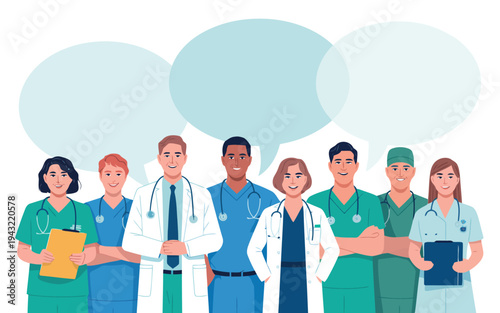 Diverse group of medical professionals doctors and nurses standing together with speech bubbles
