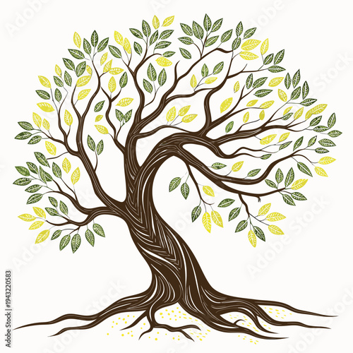 Vector illustration of detailed tree illustration with green leaves and strong root system sketch