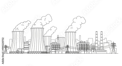 Industrial Cityscape with Smoke Stacks and Buildings.