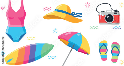 Summer beach vacation collection with swimsuit surfboard umbrella sun hat flip flops camera travel vector illustration set