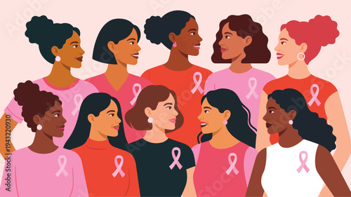 Diverse group of smiling women wearing pink shirts with ribbons for breast cancer awareness month