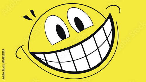 Vector illustration of bright yellow cartoon smiley face with wide grin and happy expression