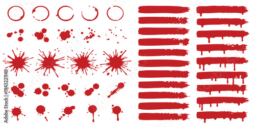 Collection of red paint splatters, brush strokes, and blood stains on a white background.