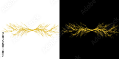Vibrant gold lightning bolts and intense electric lighting storm strike effect isolated on PNG BG for dynamic stock design