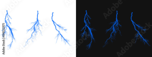 Abstract blue lightning bolts and electric lighting storm strike pattern isolated on a transparent background for stock texture