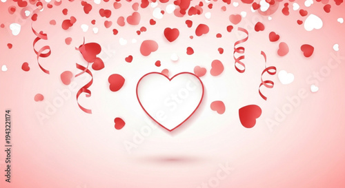 Romantic pink background with floating red and white hearts ribbons and confetti symbolizing love and celebration on valentine's day or anniversary festive and joyful atmosphere