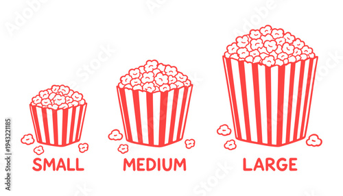 Popcorn size set with small, medium and large buckets. Vector hand drawn illustration isolated on white background.