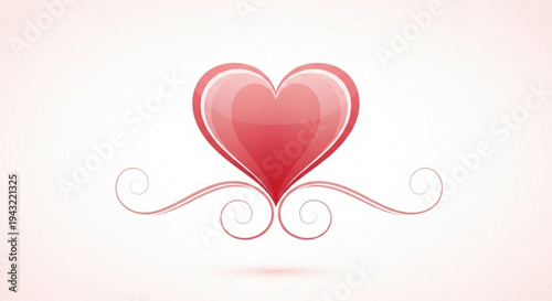 Shiny red heart symbol with elegant curls on soft pink background representing love and affection in a minimalist style