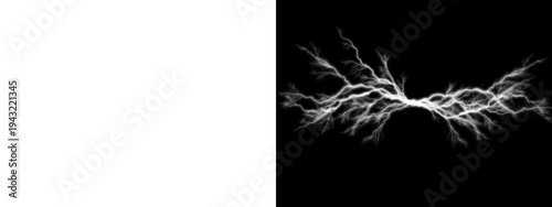Glowing white lightning bolts and dramatic electric lighting storm strike plasma isolated on PNG Background for energy stock asset