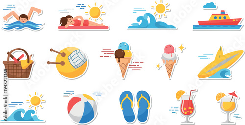 Summer beach vacation icon collection with swimming waves surfboard ice cream cocktail flip flops vector illustration set