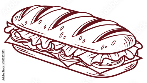 Vector illustration of delicious submarine sandwich with lettuce tomato and meat outline vector illustration
