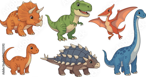 Cute dinosaur characters collection triceratops tyrannosaurus pterodactyl ankylosaurus brachiosaurus cartoon prehistoric animals flat vector illustration set