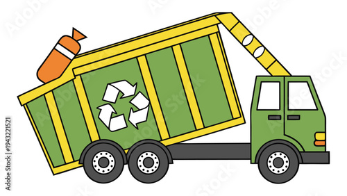 Vector illustration of cartoon green recycling garbage truck with waste bin and bag vector illustration